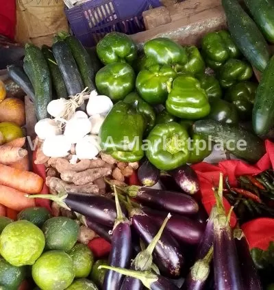 Cucumber, conget, green peppers, egg plant, garlic, lemon