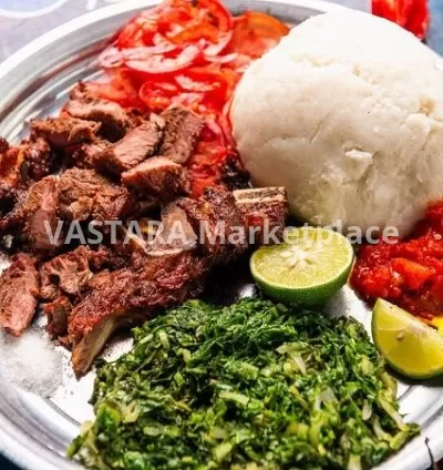 Roasted Meat, greens with Ugali